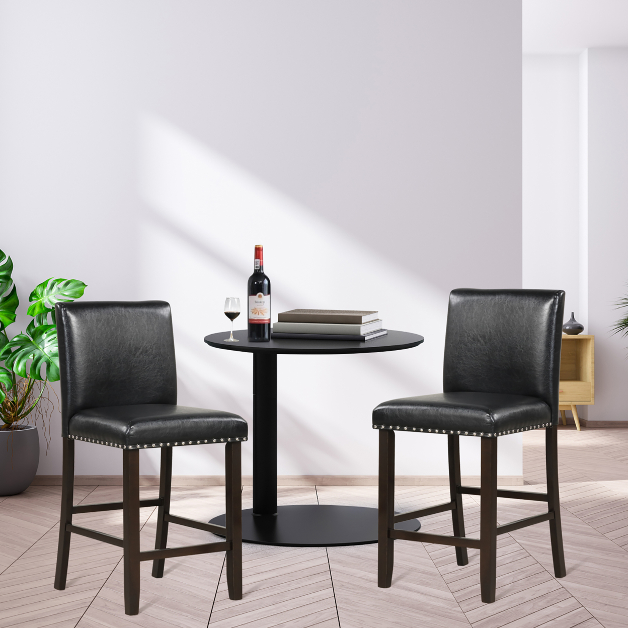 Set Of 2 Bar Stools PVC Leather Counter Height Chairs For Kitchen Island Black