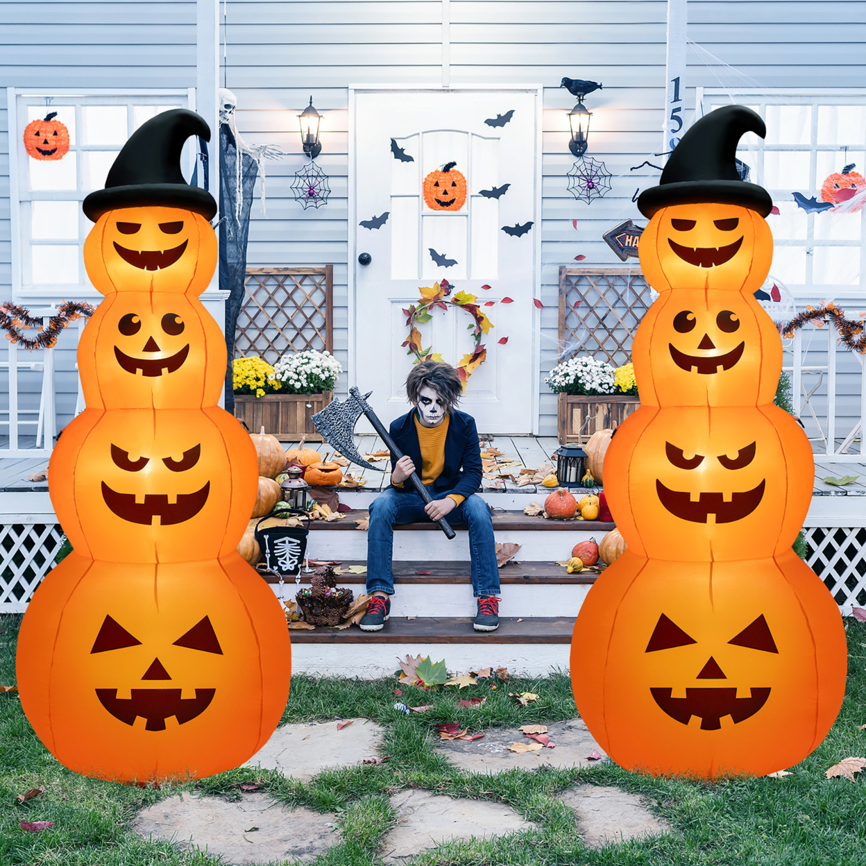 8 Ft Inflatable Halloween Pumpkins Stack Holiday Decor W/ Built-in LED Lights