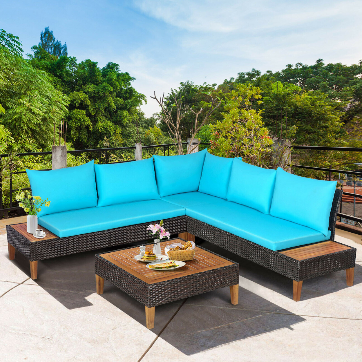 4PCS Acacia Wood Patio Furniture Set Rattan Conversation Set W/ Turquoise Cushions