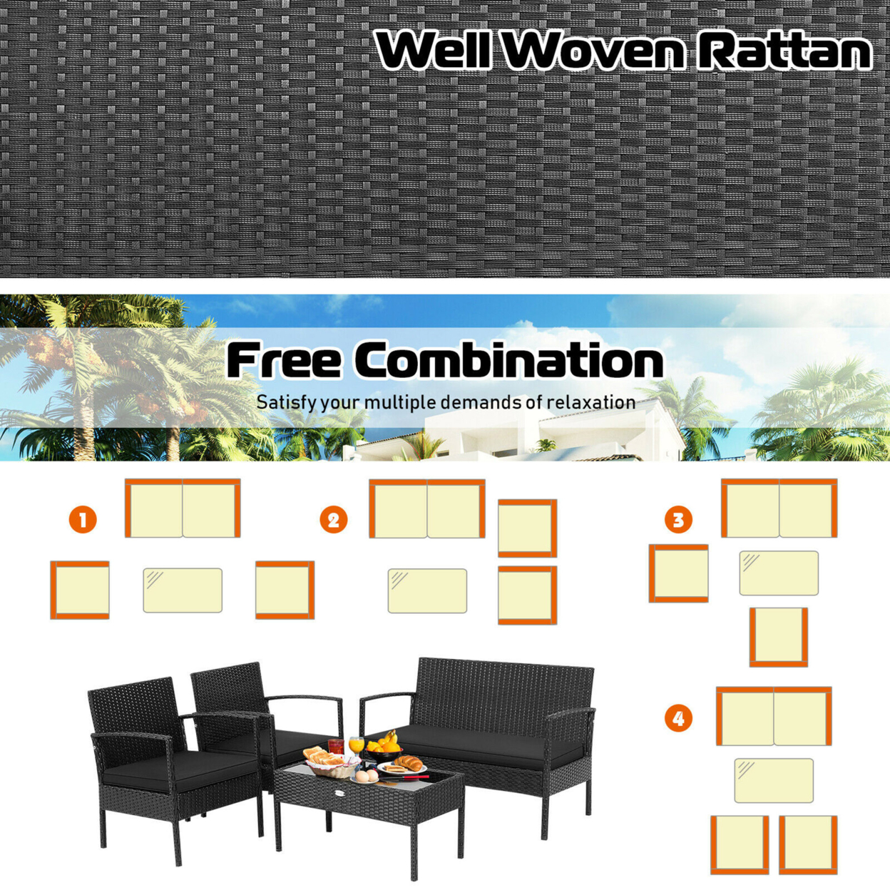 4PCS Rattan Patio Conversation Set Outdoor Wicker Furniture Set W/ Cushions