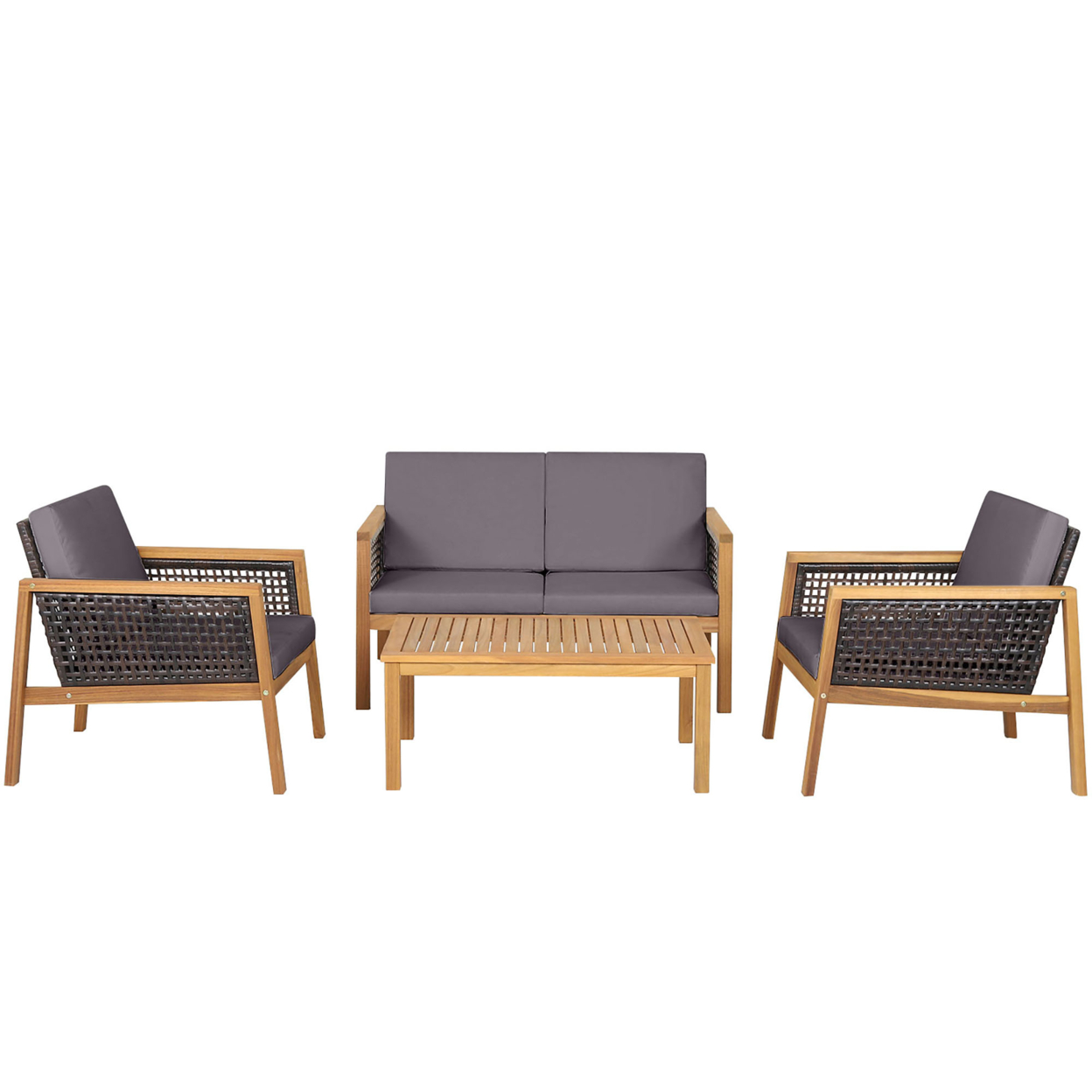 4PCS Patio Acacia Wood Furniture Set PE Rattan Conversation Set W/ Grey Cushions