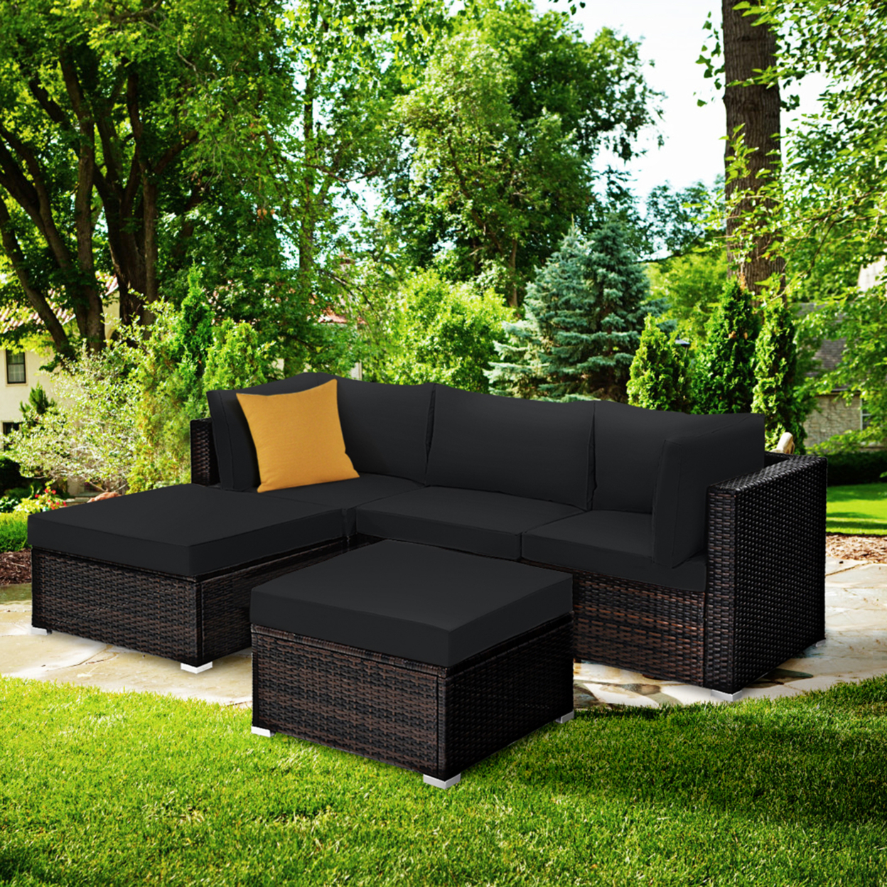 5PCS Rattan Patio Conversation Set Outdoor Furniture Set W/ Black Cushions
