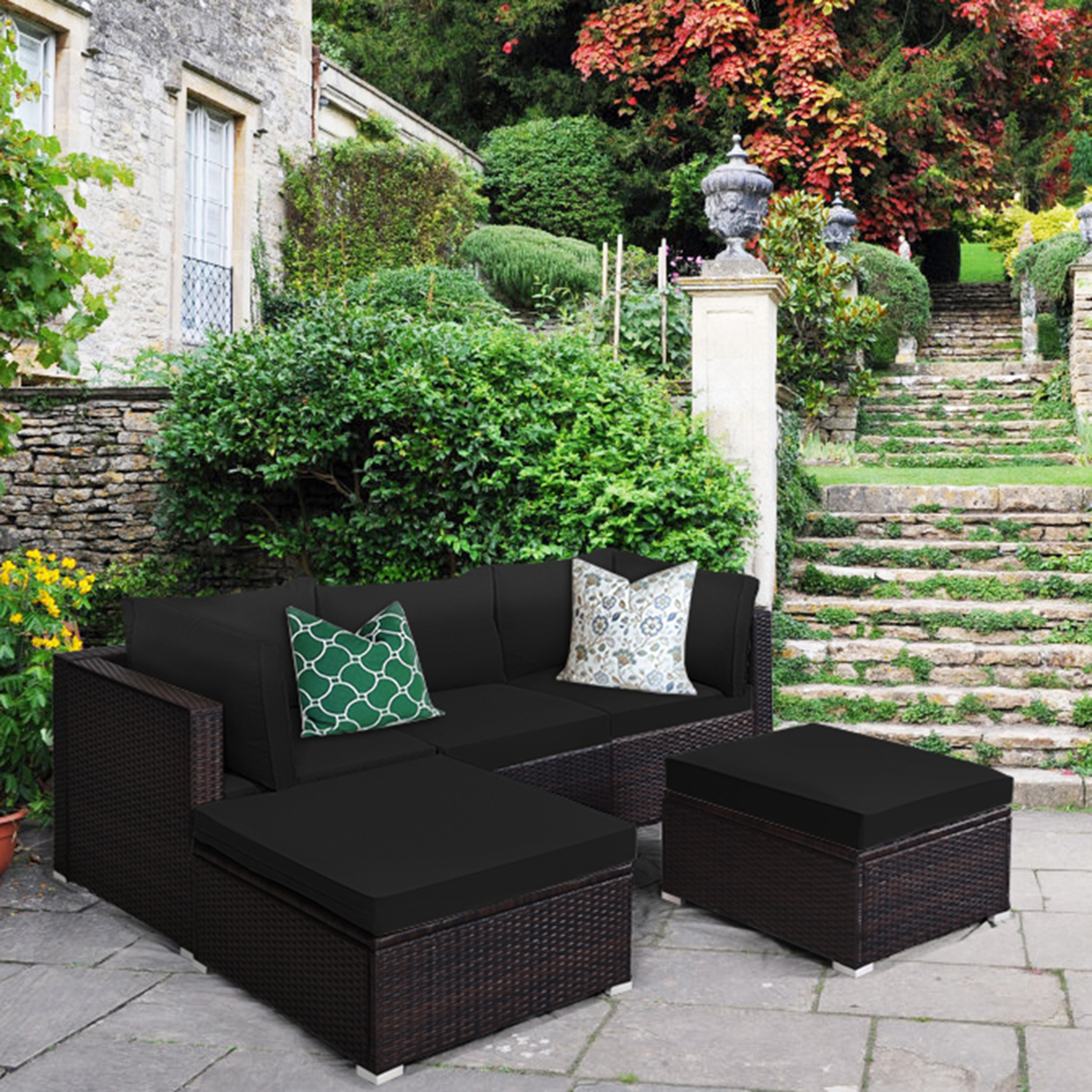 5PCS Rattan Patio Conversation Set Outdoor Furniture Set W/ Black Cushions