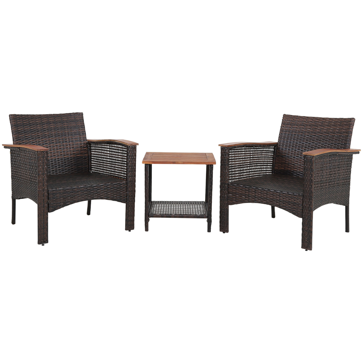3PCS Patio Conversation Furniture Set PE Rattan Sofa Set W/Wood Top Table