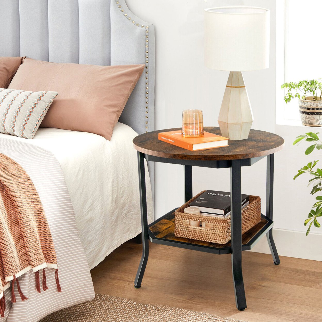 2-Tier Sofa End Side Table Nightstand Round Tabletop For Living Room Brown