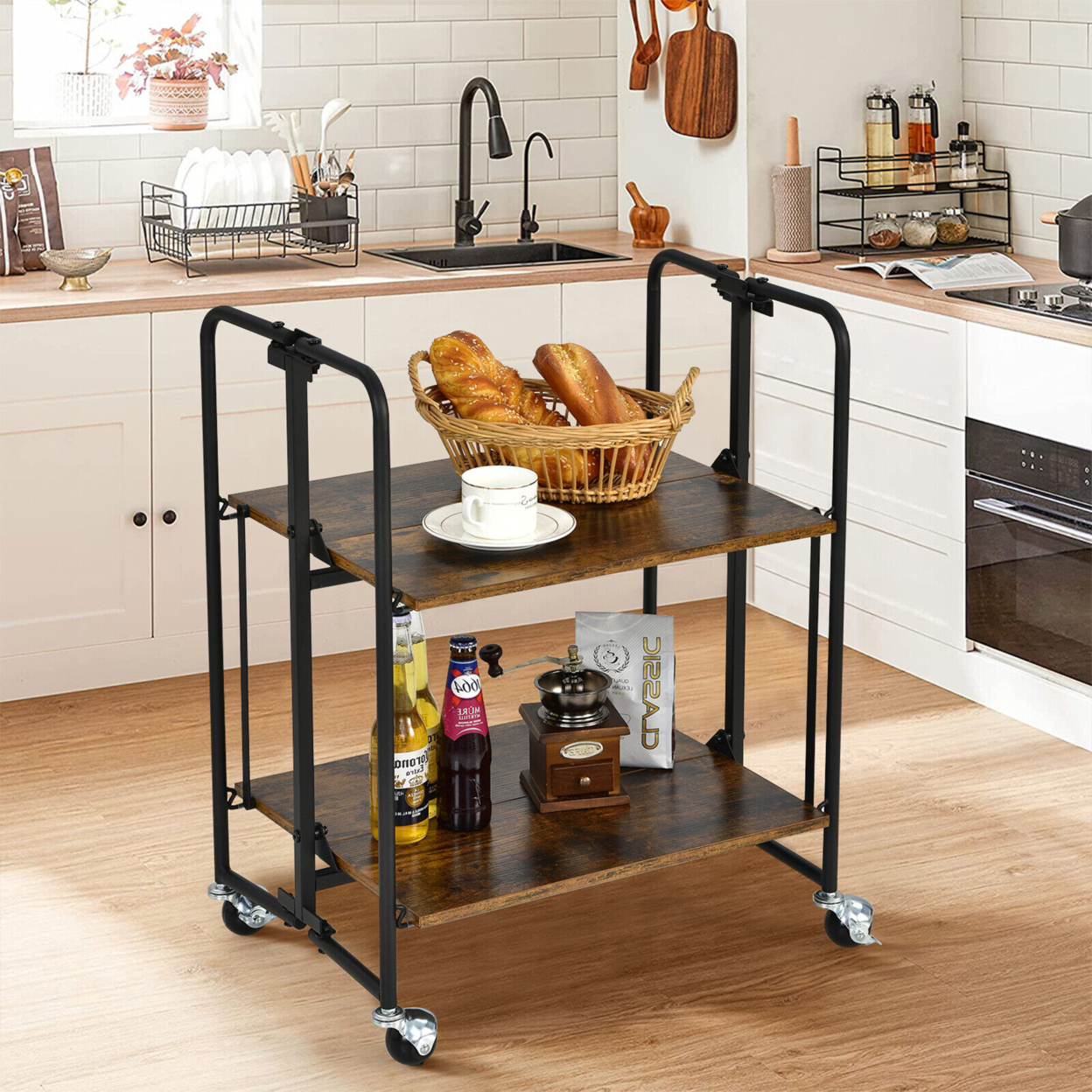 2-Tier Folding Bar Cart Kitchen Serving Island Utility Cart Storage Shelves