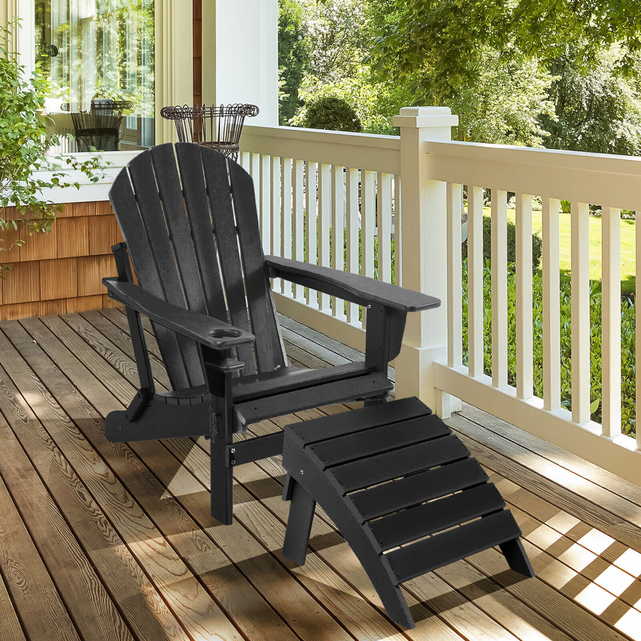 HDPE Adirondack Folding Ottoman Outdoor Footstool All-Weather Footrest - Black