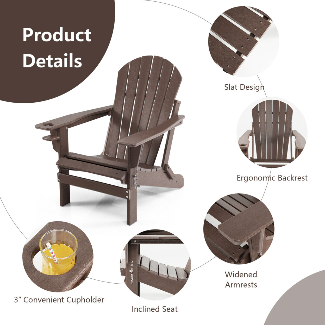 2PCS Folding Adirondack Chair HDPE Patio Lounge Chair W/ Retractable Ottoman - Coffee