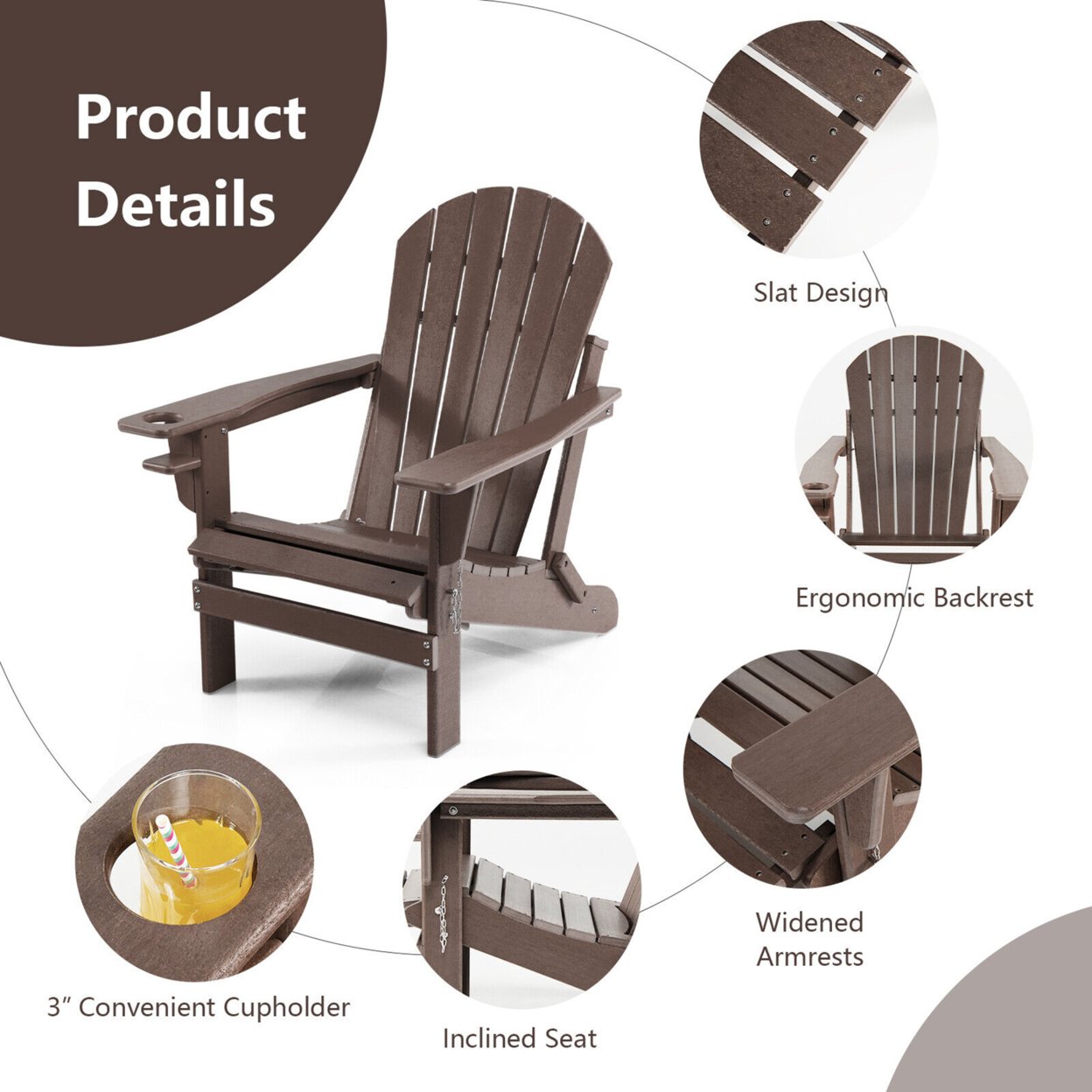 2PCS Folding Adirondack Chair HDPE Patio Lounge Chair W/ Retractable Ottoman - White