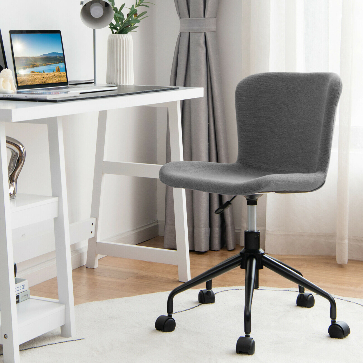 Mid Back Armless Office Chair Adjustable Swivel Linen Task Chair - Blue