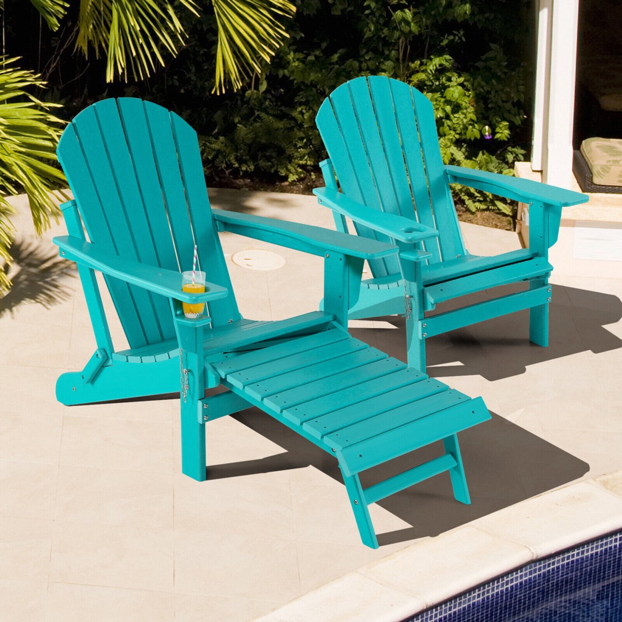 2PCS Folding Adirondack Chair HDPE Patio Lounge Chair W/ Retractable Ottoman - Turquoise