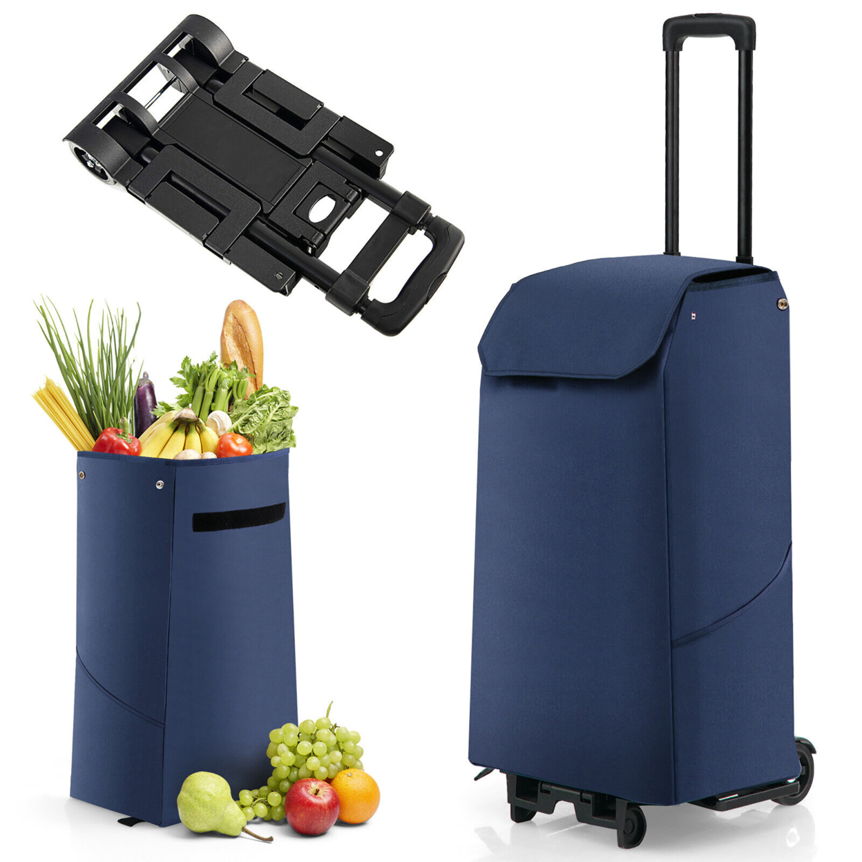 Folding Shopping Cart Rolling Utility Cart W/ Removable Waterproof Bag - Dark Blue