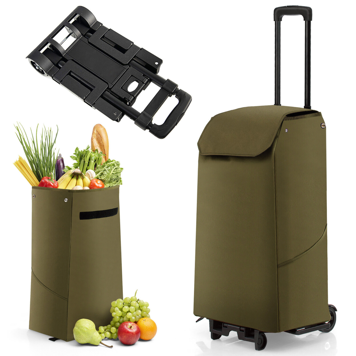 Folding Shopping Cart Rolling Utility Cart W/ Removable Waterproof Bag - Green