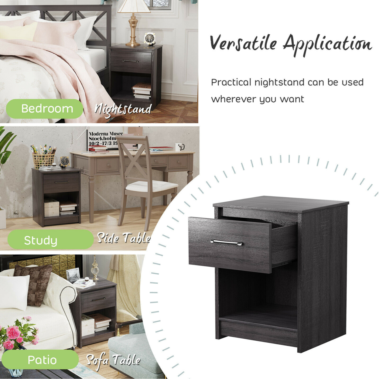 Nightstand With Drawer Storage Shelf Wooden End Side Table Bedroom Brown / Black / Natural - Brown