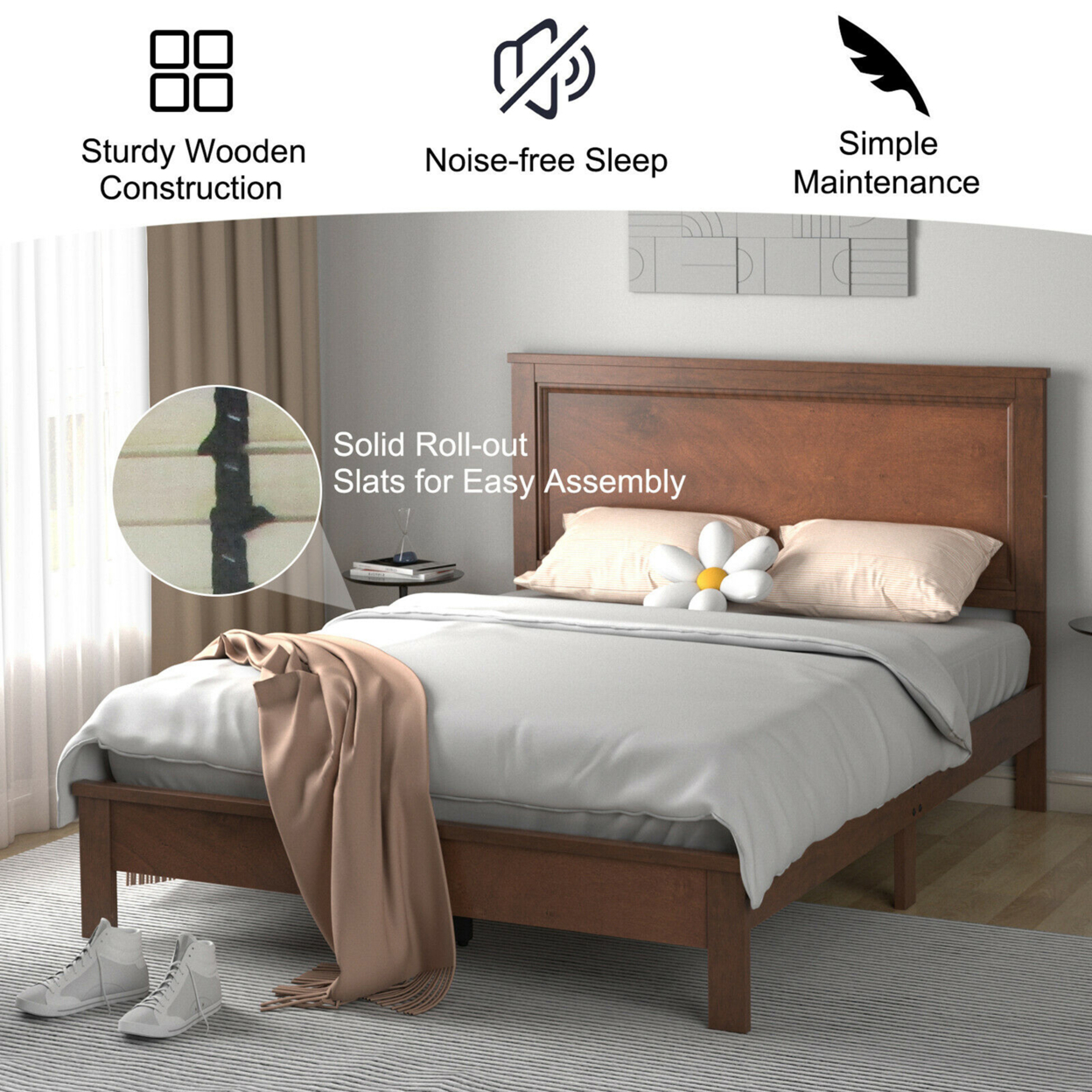 Twin/Full/Queen Size Bed Frame Platform Slat High Headboard Bedroom Rubber Wood Leg - Black, Queen