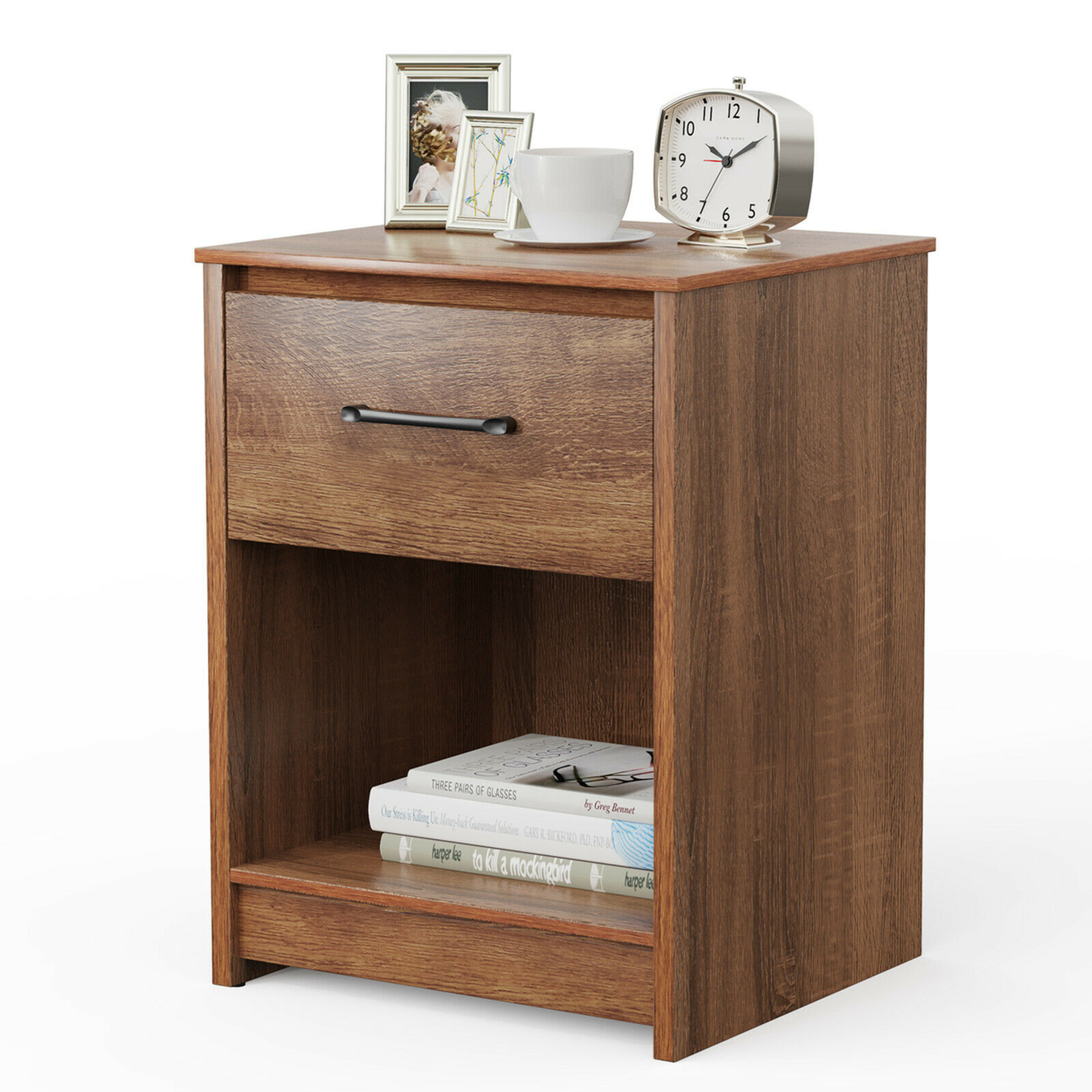 Nightstand With Drawer Storage Shelf Wooden End Side Table Bedroom Brown / Black / Natural - Brown