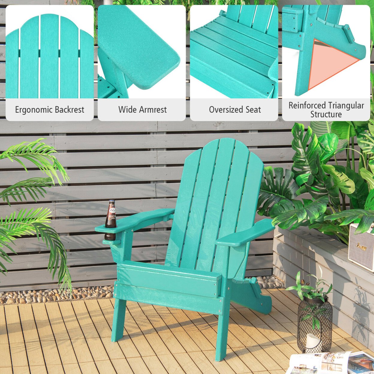 4PCS Patio Folding Adirondack Chair Weather Resistant Cup Holder Yard - Turquoise