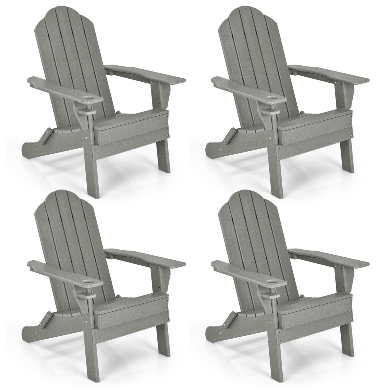4PCS Patio Folding Adirondack Chair Weather Resistant Cup Holder Yard - Grey