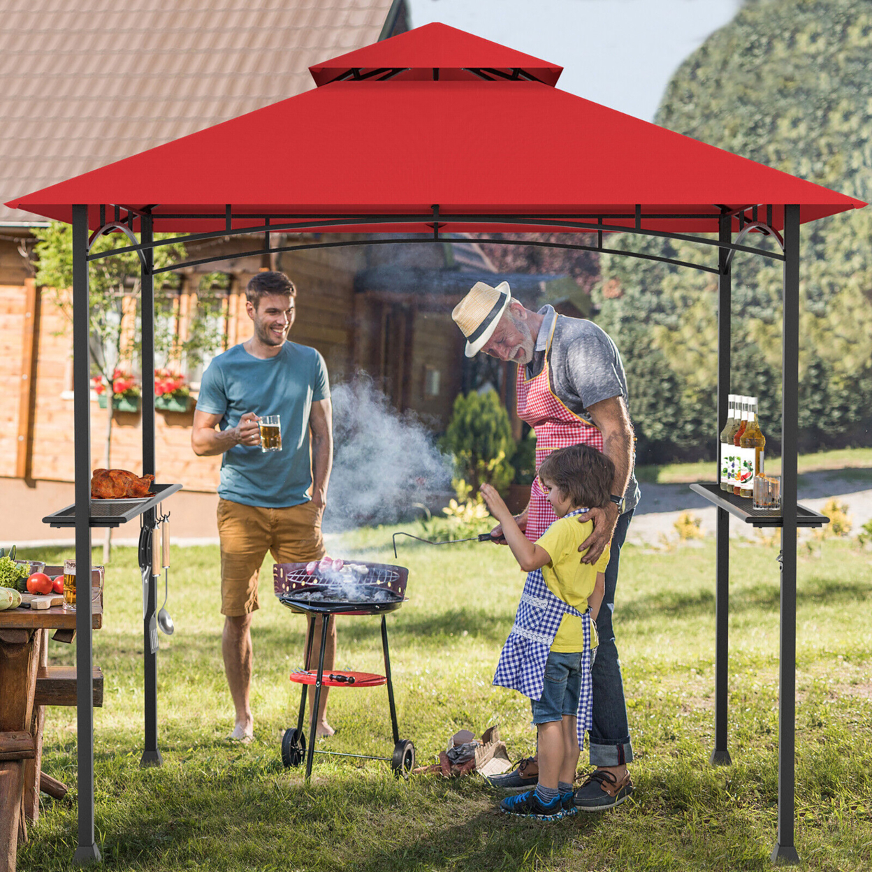 8' X 5' BBQ Grill Gazebo 2-Tier Barbecue Canopy Vented Top Shelves Shelter - Wine