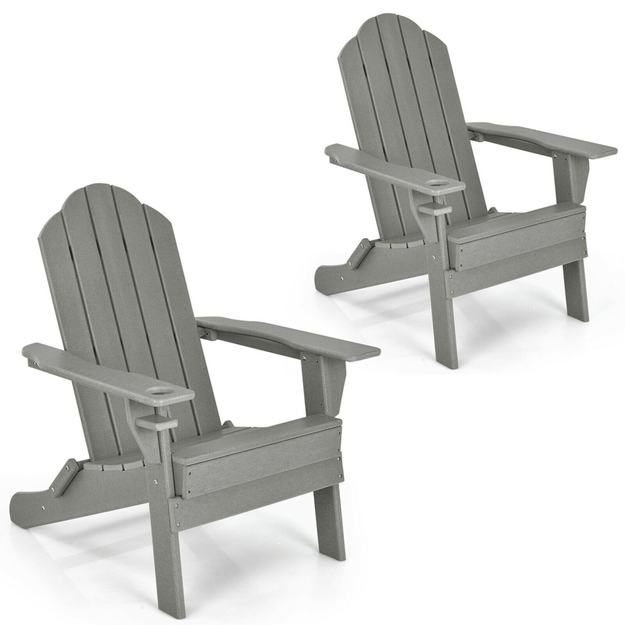 2PCS Patio Folding Adirondack Chair Weather Resistant Cup Holder Yard - Grey