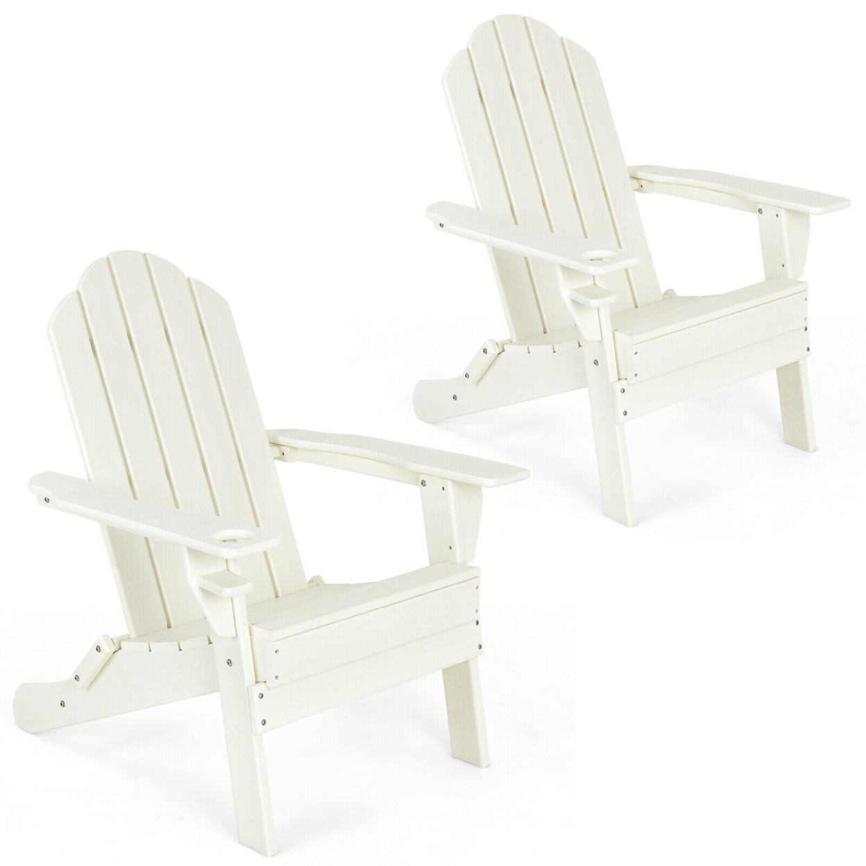2PCS Patio Folding Adirondack Chair Weather Resistant Cup Holder Yard - White