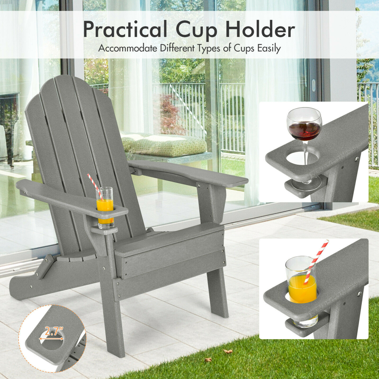 Patio Folding Adirondack Chair Weather Resistant Cup Holder Yard - Turquoise