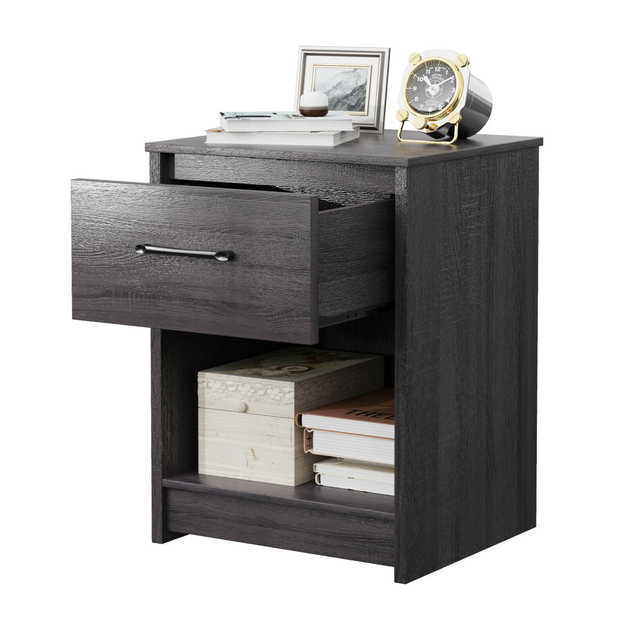 Nightstand With Drawer Storage Shelf Wooden End Side Table Bedroom Brown / Black / Natural - Black