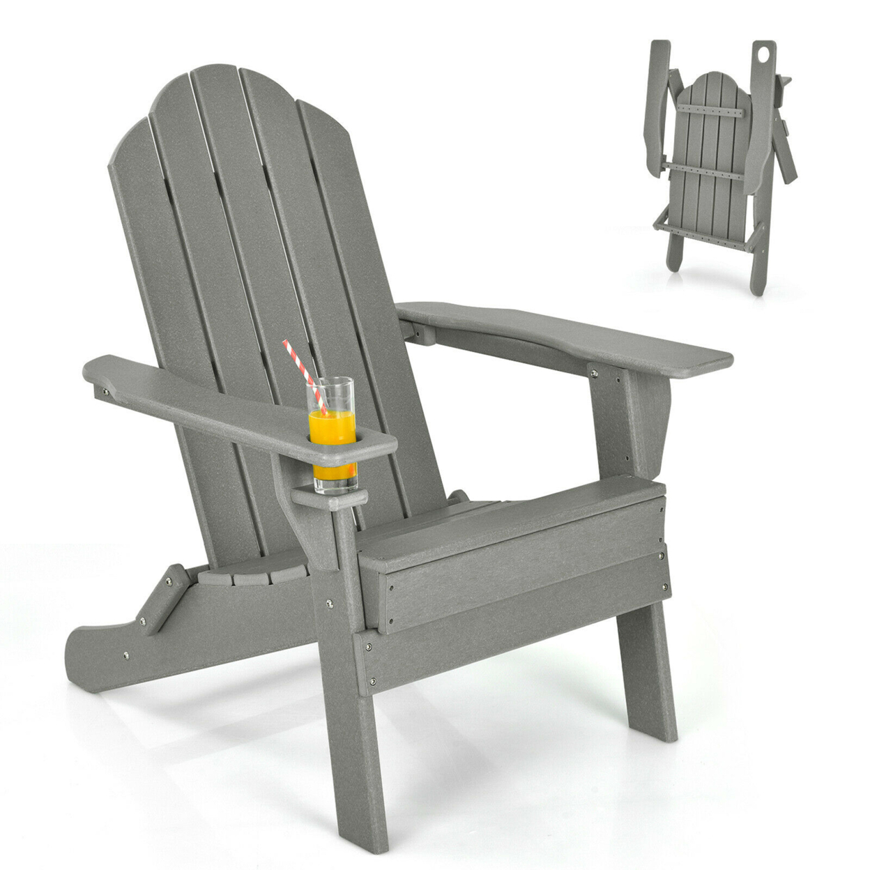 Patio Folding Adirondack Chair Weather Resistant Cup Holder Yard - Grey