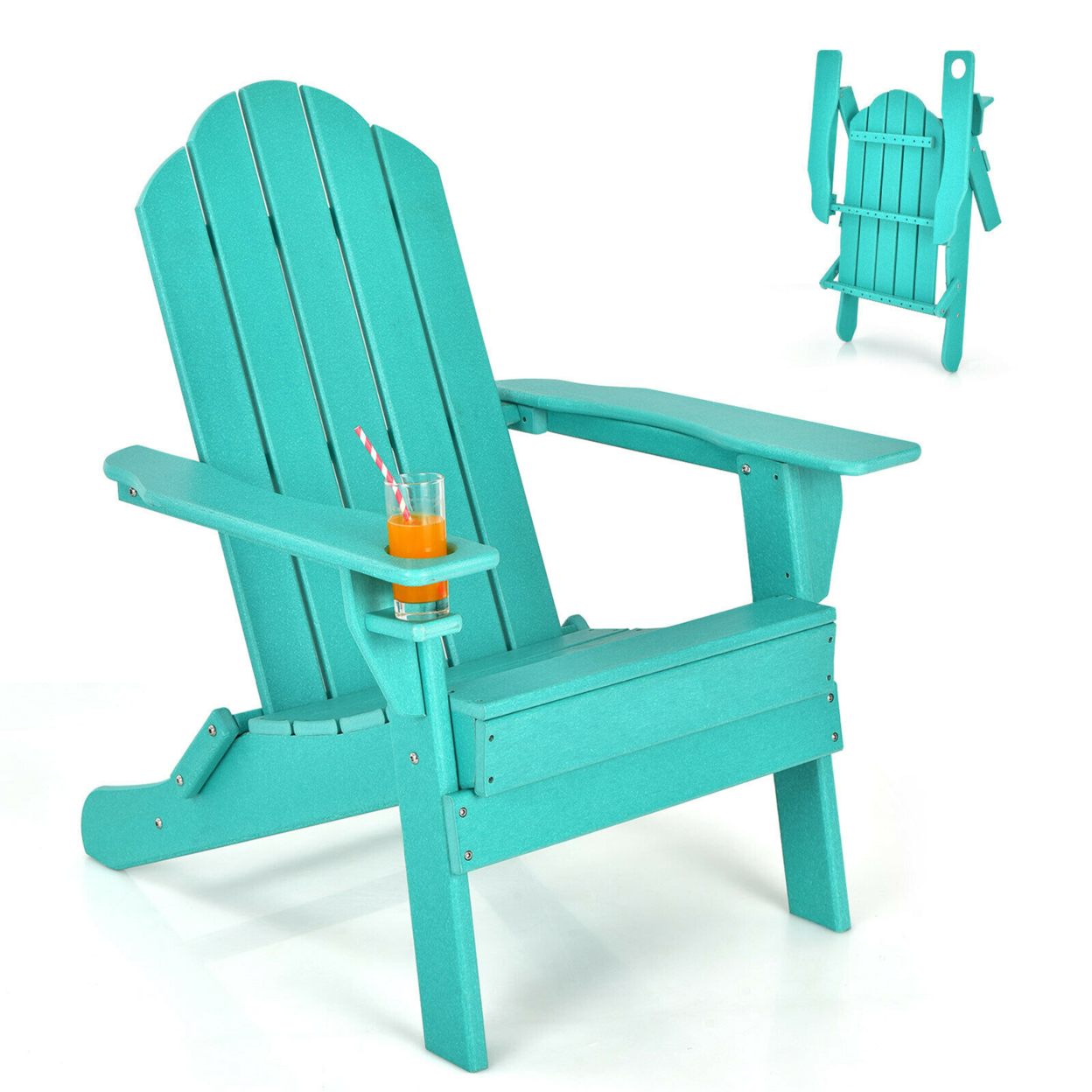 Patio Folding Adirondack Chair Weather Resistant Cup Holder Yard - Turquoise