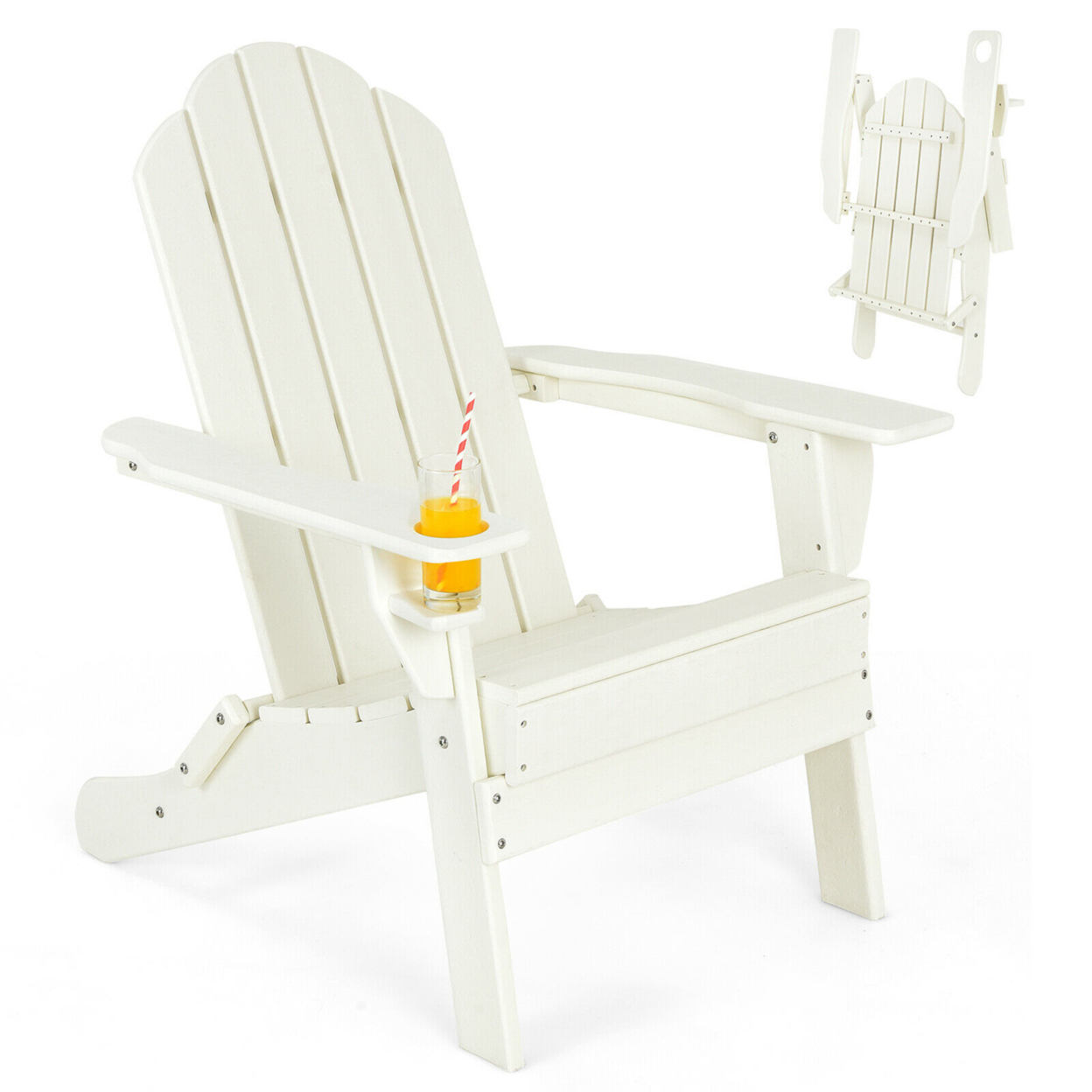 Patio Folding Adirondack Chair Weather Resistant Cup Holder Yard - White