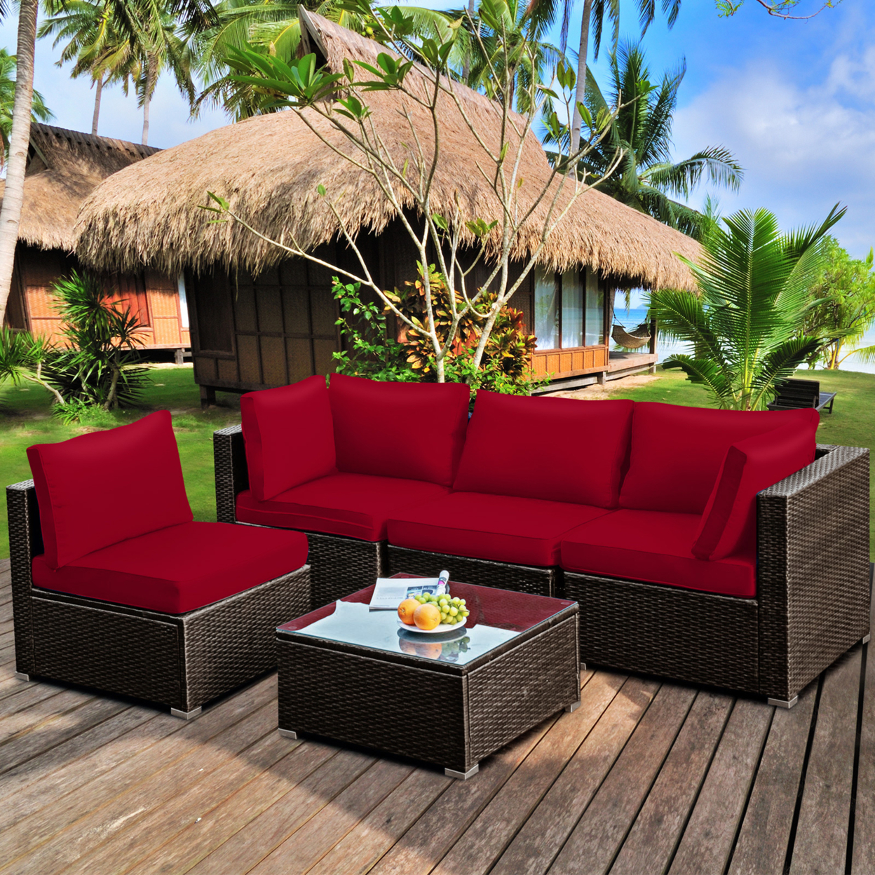 5PCS Rattan Patio Conversation Set Sofa Furniture Set W/ Red Cushions