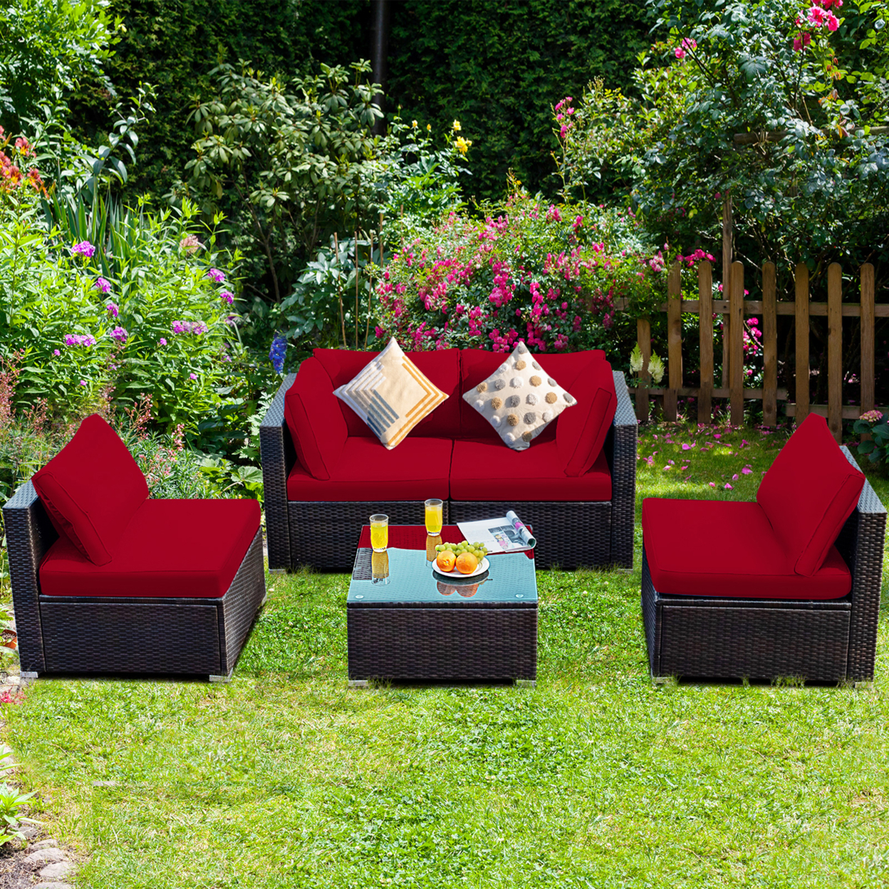 5PCS Rattan Patio Conversation Set Sofa Furniture Set W/ Red Cushions