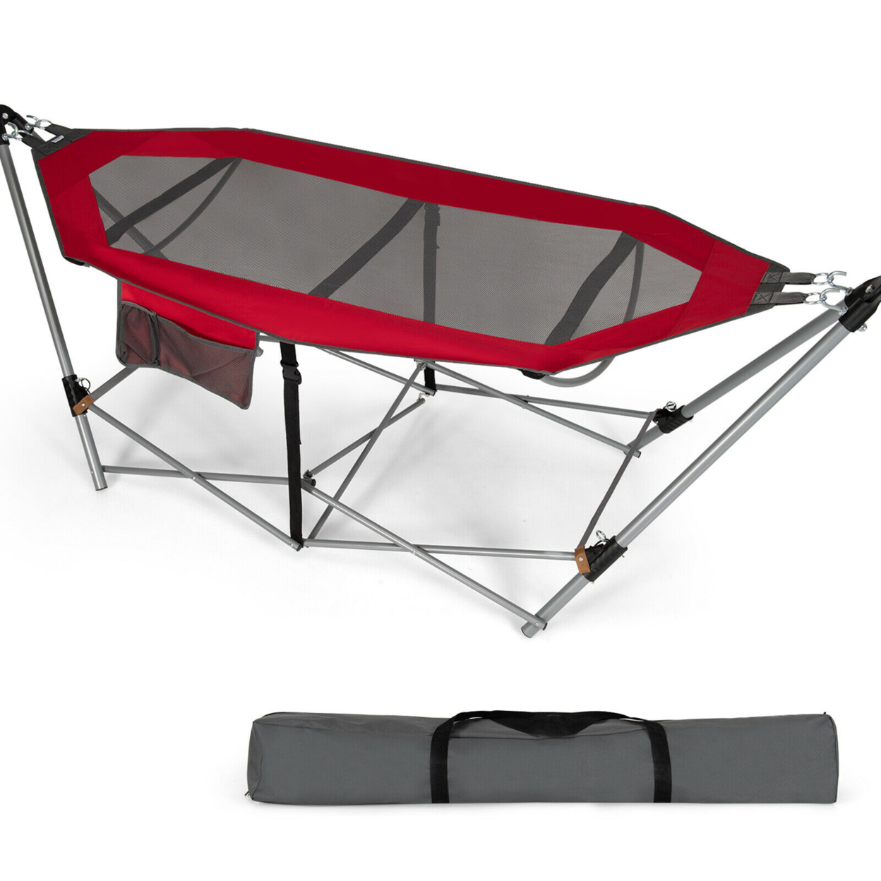 Folding Hammock Indoor & Outdoor Hammock With Side Pocket & Iron Stand - Red