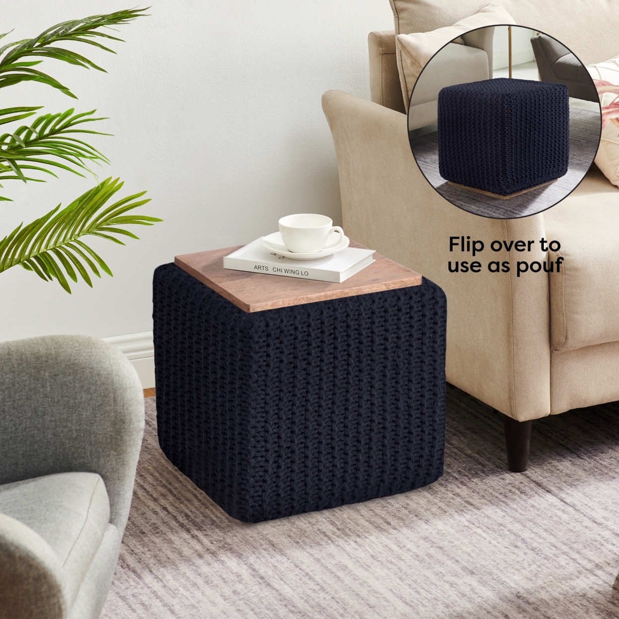 Deonte 3-in-1 Square Pouf-Ottoman-End Table - navy - navy blue