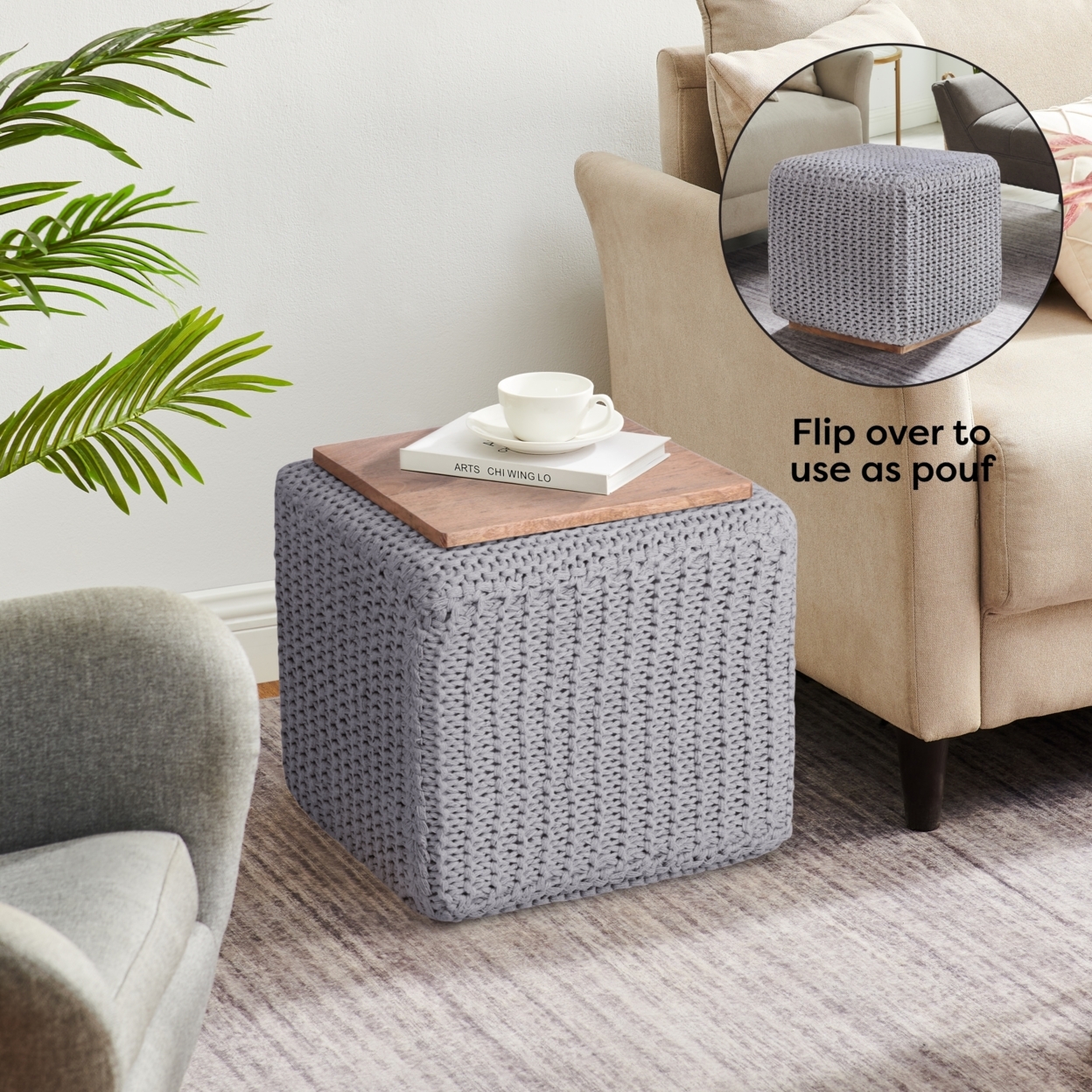 Deonte 3-in-1 Square Pouf-Ottoman-End Table - light grey
