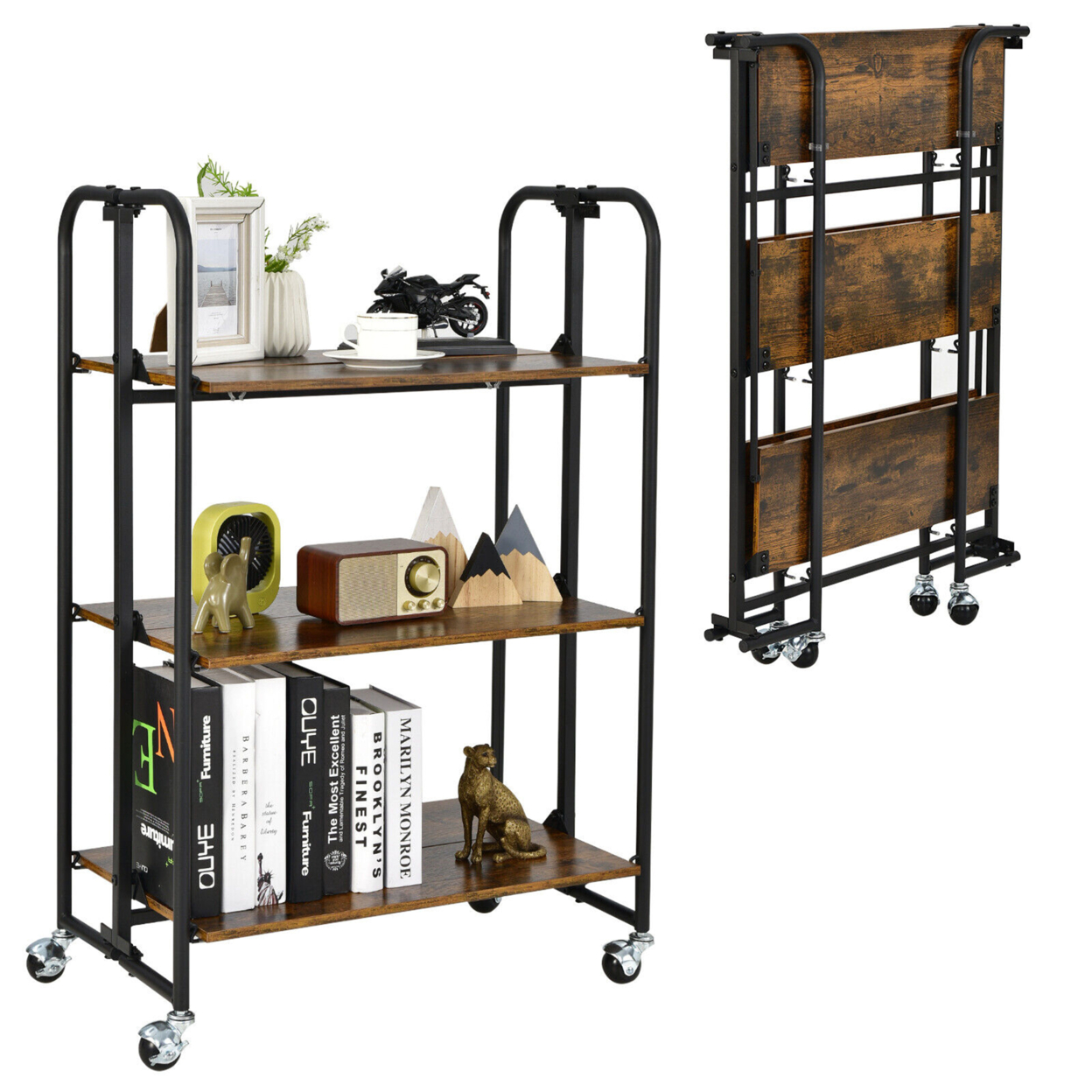 3-Tier Folding Bar Cart Kitchen Serving Island Utility Cart Storage Shelves