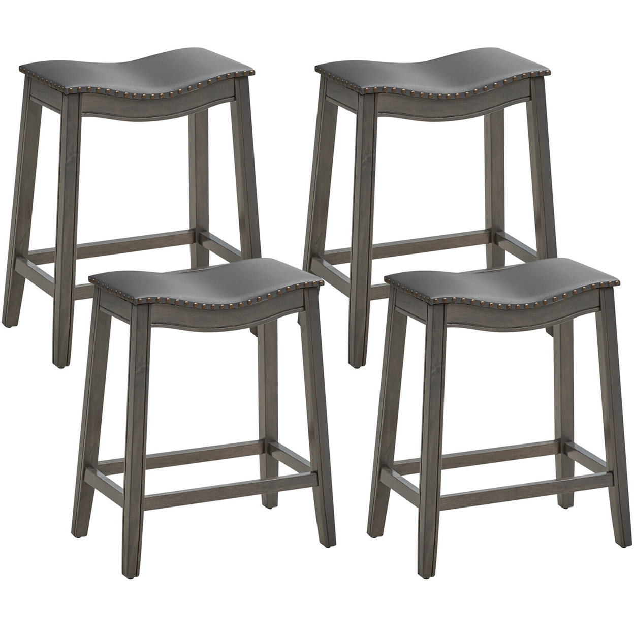 Set Of 4 Saddle Bar Stools Counter Height Kitchen Chairs W/ Rubber Wood Legs