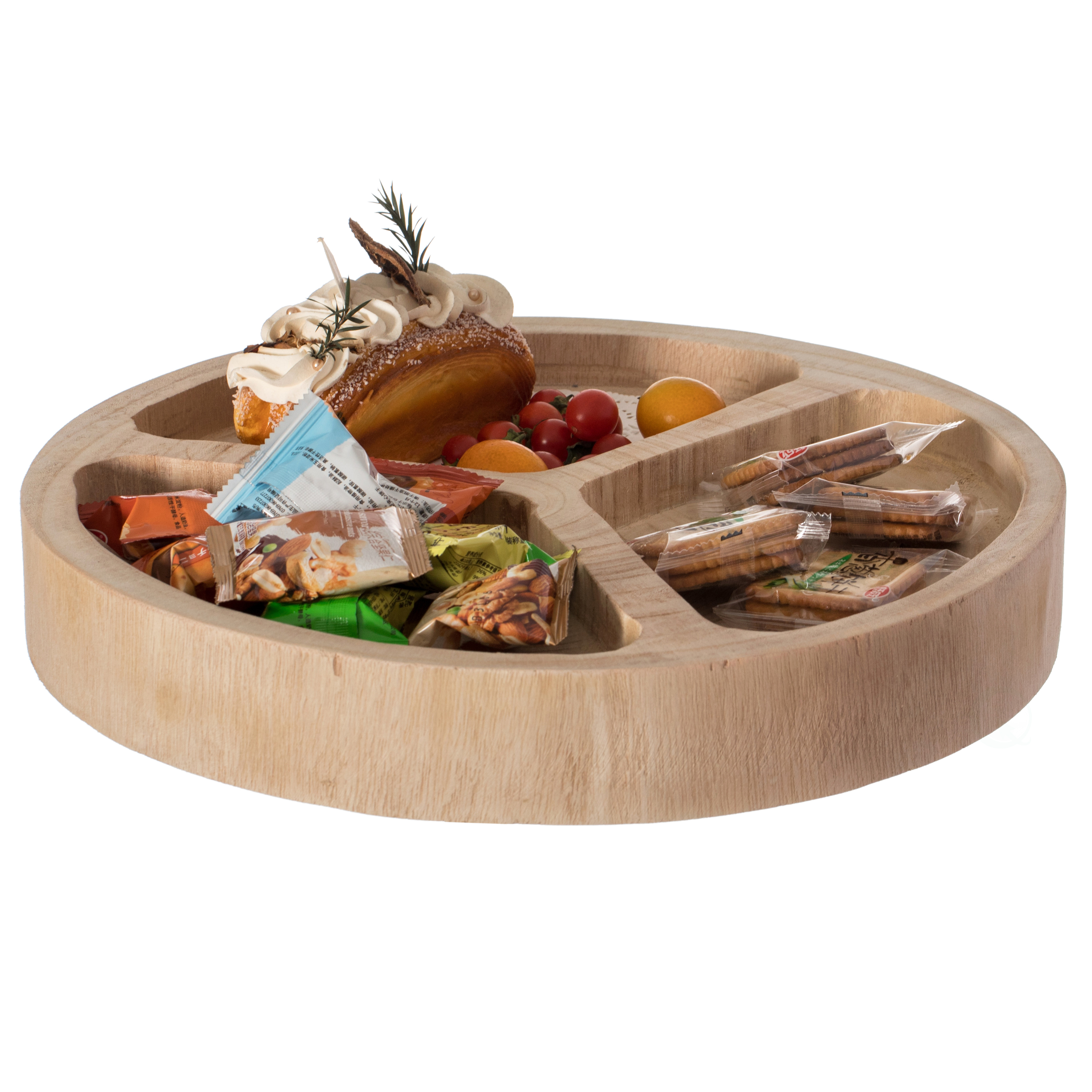 3 Sectional Round Snack Tray For Dining Table And Kitchen Decoration - Natural