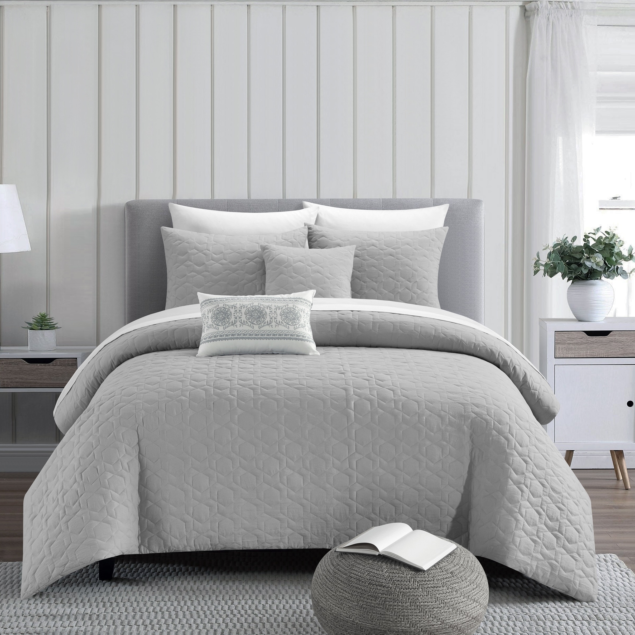 NY&C Home Cavina 5 Piece Comforter Set Geometric Hexagonal Pattern - Grey, Queen