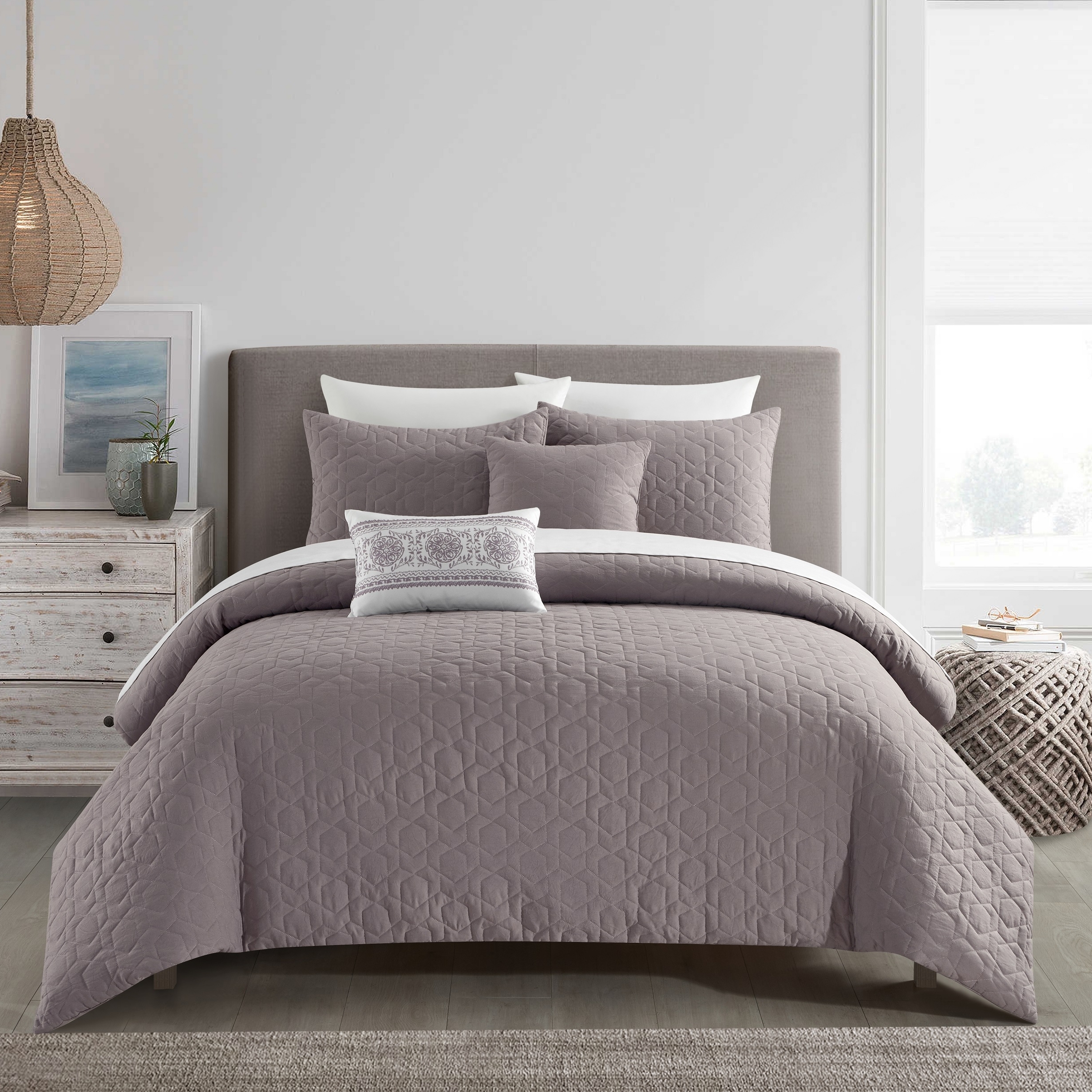 NY&C Home Cavina 5 Piece Comforter Set Geometric Hexagonal Pattern - Lavender, Queen