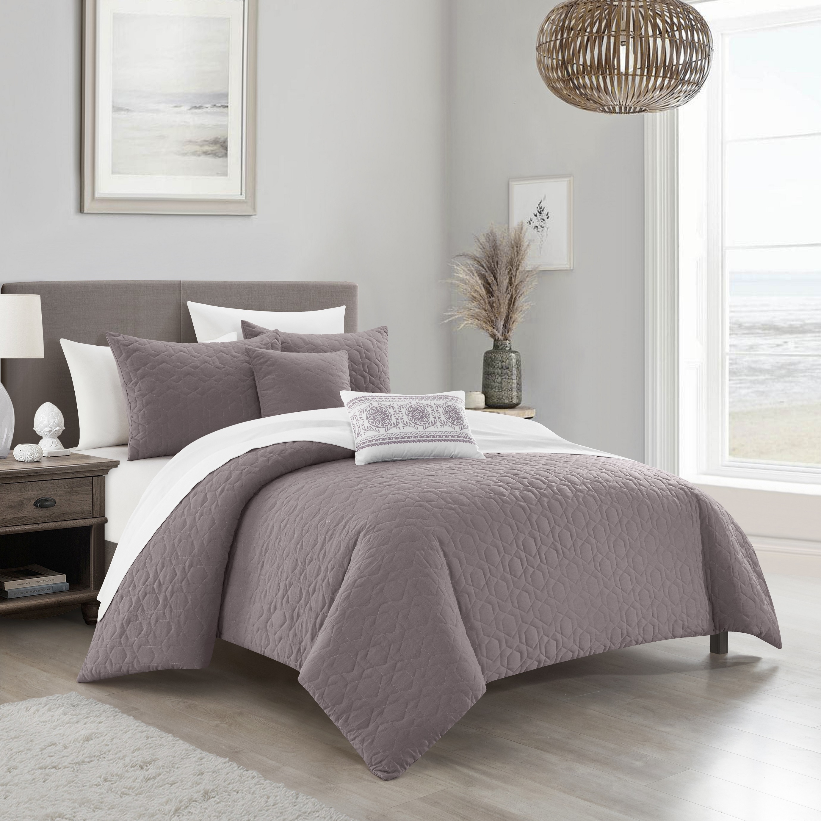 NY&C Home Cavina 5 Piece Comforter Set Geometric Hexagonal Pattern - Lavender, King
