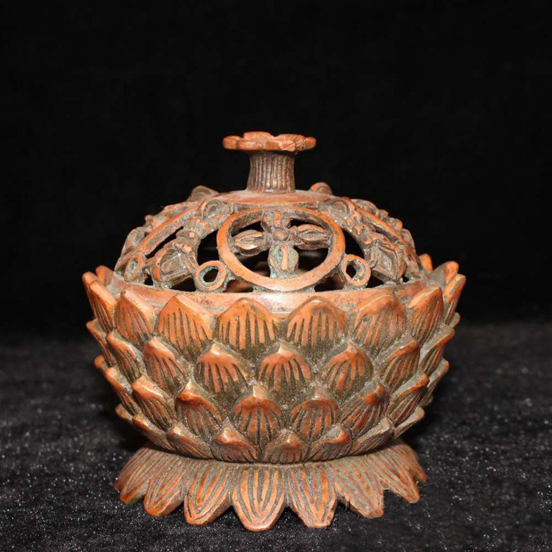 Antique Chinese Brass Copper Lotus Flower Incense Burner Censer Unique Vintage Home Decor Handmade Asian Culture Art GDHP014