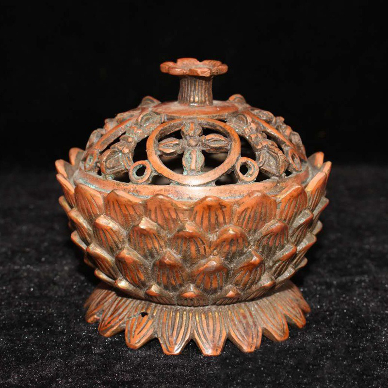Antique Chinese Brass Copper Lotus Flower Incense Burner Censer Unique Vintage Home Decor Handmade Asian Art GDHP014