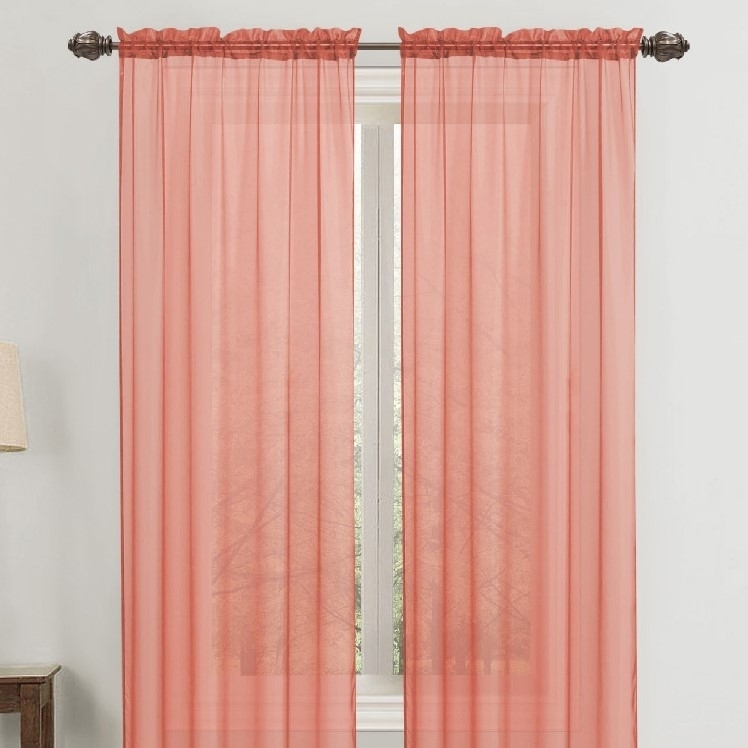 2-Panel: 90 Bright Colored Celine Sheer Voile Drape Window Curtain Panel For Living Room & Bedroom - Coral