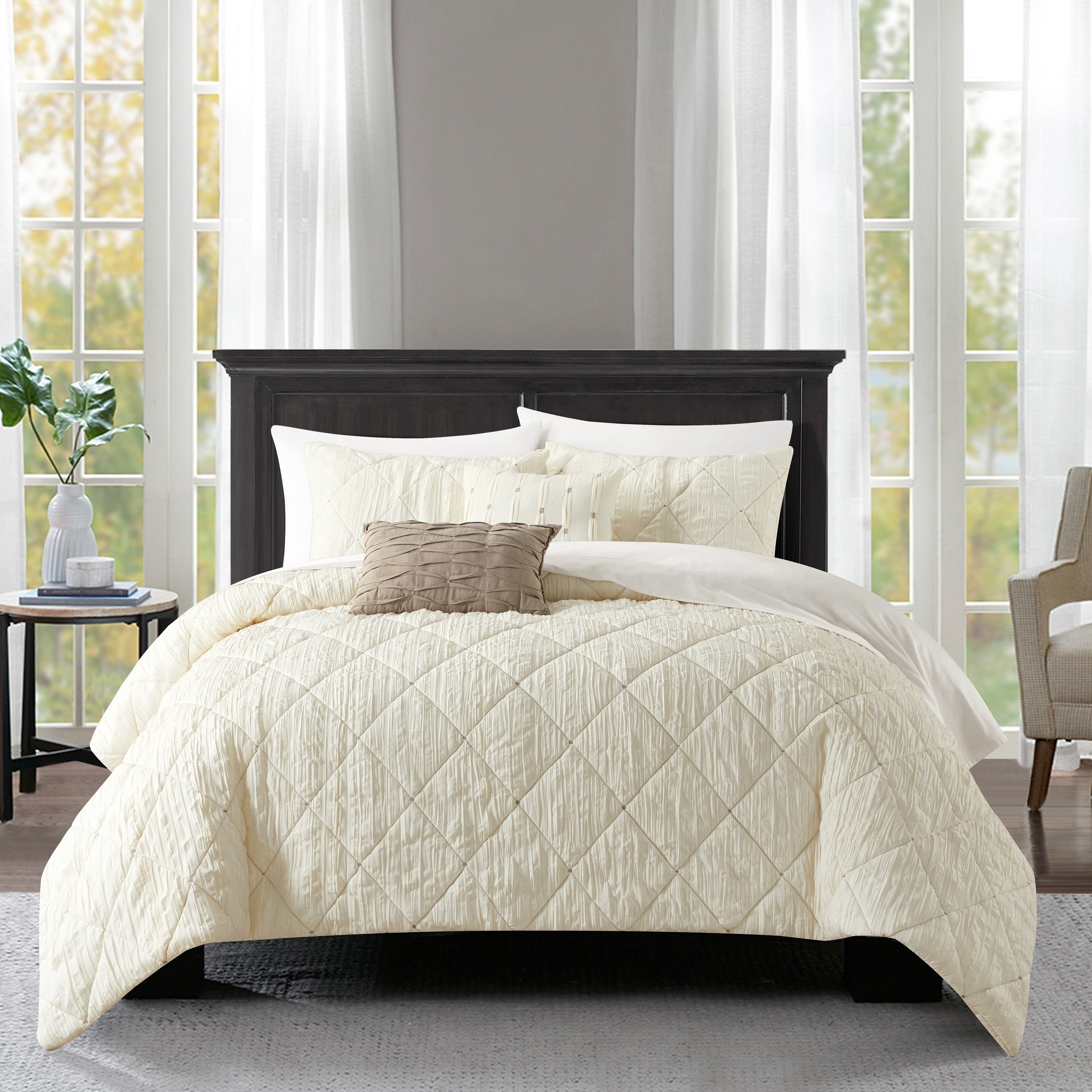 NY&CO Home Deighton 5 Piece Comforter Set Diamond Stitched Design Crinkle - Grey, King