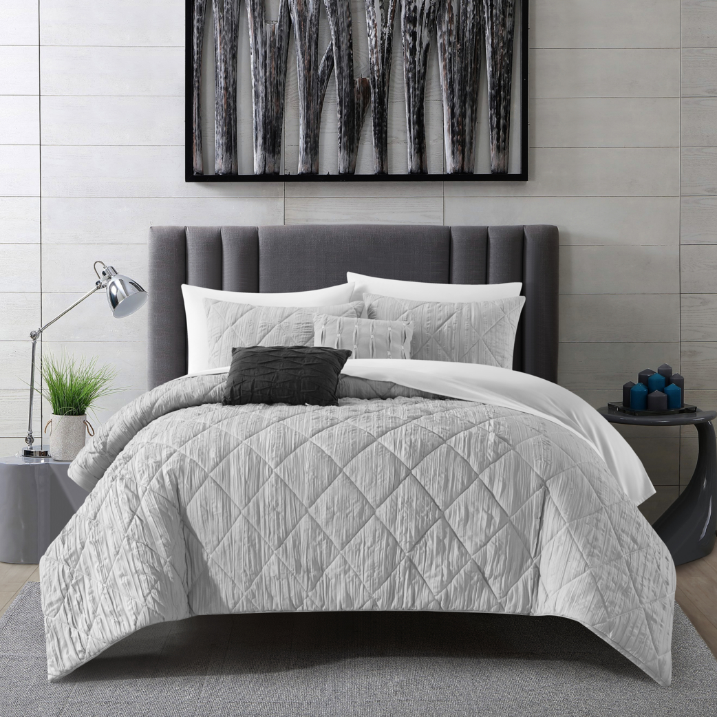 NY&CO Home Deighton 5 Piece Comforter Set Diamond Stitched Design Crinkle - Grey, King