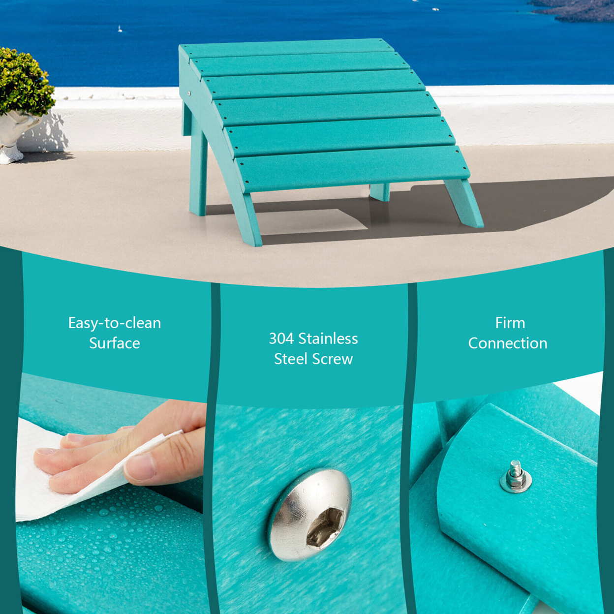 HDPE Adirondack Folding Ottoman Outdoor Footstool All-Weather Footrest - Turquoise