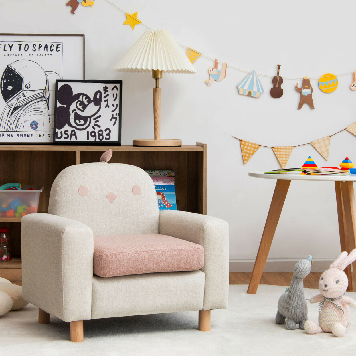 Kids Dinosaur/Panda/Chick Sofa Wooden Armrest Chair Couch W/ Thick Cushion Beech Legs Gift - Grey, Panda