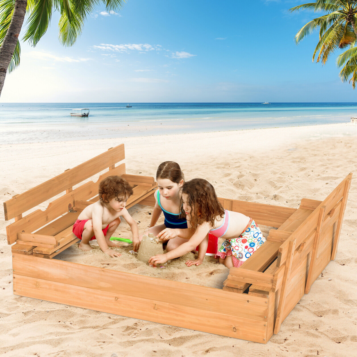 Kids Large Wooden Sandbox Outdoor Cedar Sandpit Play Station With 2 Bench Seats