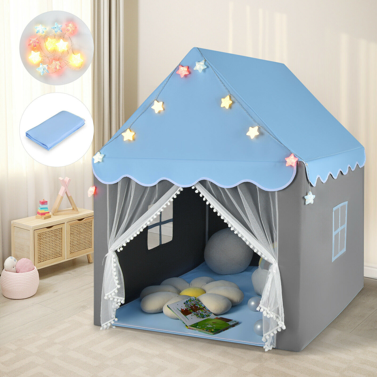 Kids Playhouse Tent Large Castle Fairy Tent Gift W/Star Lights Mat - Blue + Gray